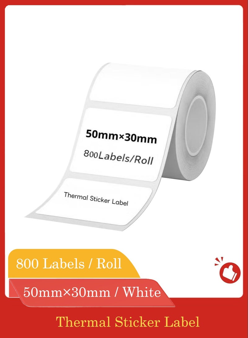 ورق ملصقات حراري (50×30 مم أبيض) - 800 ملصق/لفة، لآلة صنع الملصقات، مقاوم للماء ومقاوم للزيوت للطباعة المنزلية والمكتبية وطباعة الباركود، بديل شريط الملصقات - Image 1